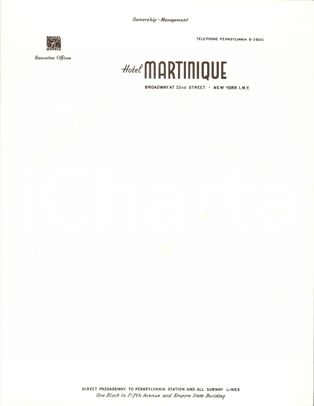 Materiale pubblicitario d’epoca 1950 ca NEW YORK Hotel MARTINIQUE Management KRIDEL Hotels Carta intestata 8 1