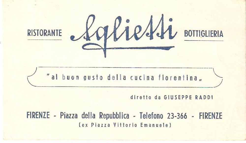 Oggetto da collezione cartaceo 1960 ca FIRENZE Ristorante AGLIETTI Diretto da Giuseppe RADDI Biglietto 1