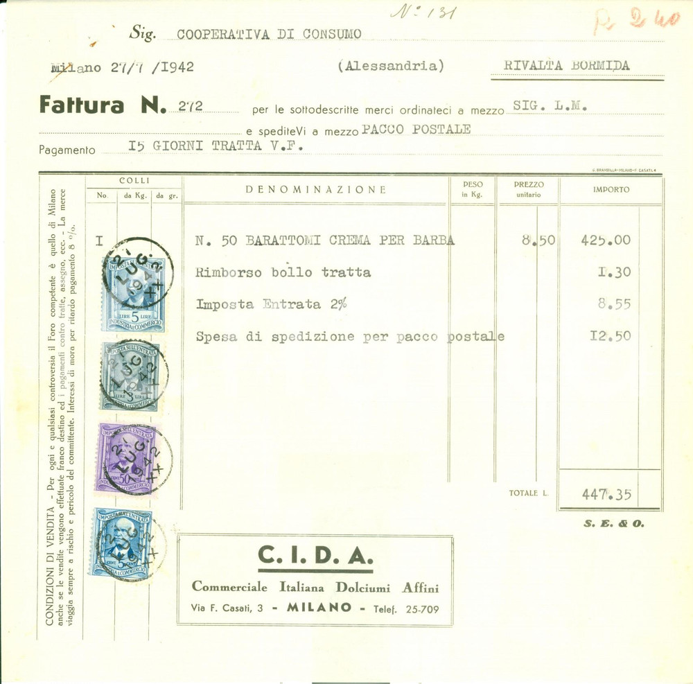 Documento originale, autentico 1942 MILANO Commerciale Italiana Dolciumi Affini C.I.D.A. Fattura commerciale 1