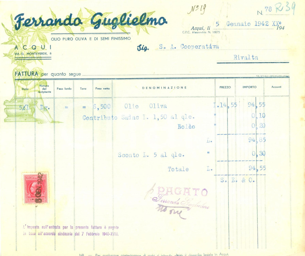 Documento originale, autentico 1942 ACQUI TERME AL Guglielmo FERRANDO Olio puro oliva e di semi Fattura 1