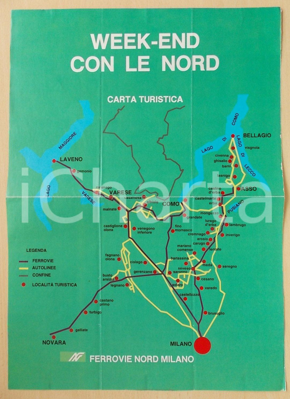 Materiale pubblicitario d’epoca 1975 ca FERROVIE NORD MILANO Ed. Federico MOTTA Weekend con LE NORD Pieghevole 1