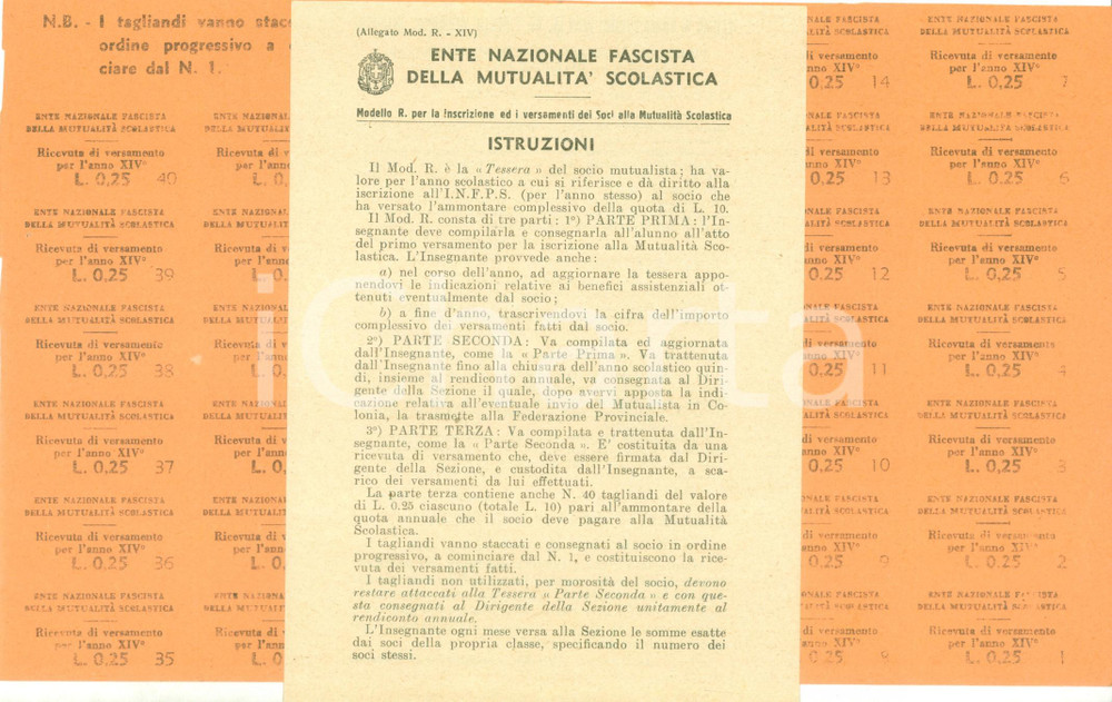 Documento originale, autentico 1935 ENTE NAZIONALE FASCISTA MUTUALITA  SCOLASTICA Istruzioni e tagliandi 1