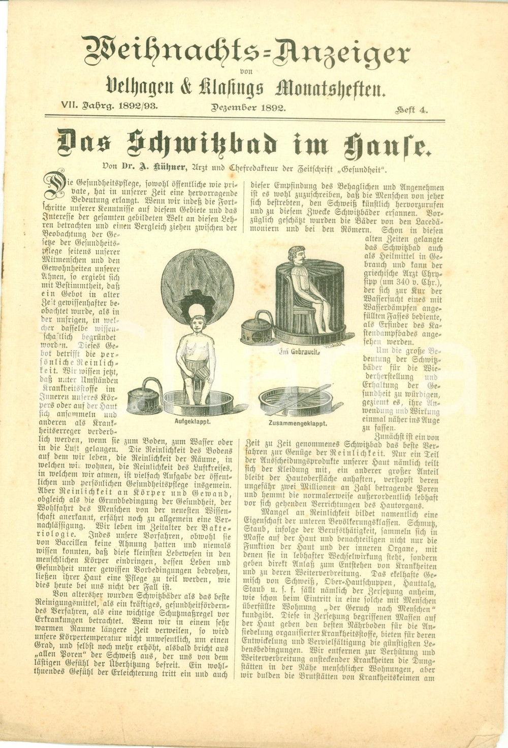 Giornale, rivista storica 1892 LEIPZIG DE Il bagno turco in casa WeihnachtsAnzeiger VELHAGEN & KLASINGS 1