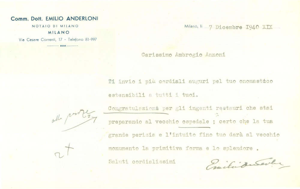 Documento originale, autentico 1940 MILANO Notaio Emilio ANDERLONI si congratula per restauri all Ospedale 1