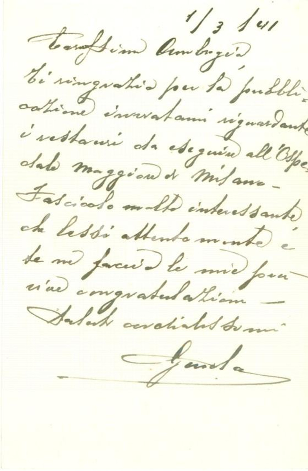 Autografo originale 1941 MILANO Guido ANNONI ringrazia per l invio di una pubblicazione AUTOGRAFO 1