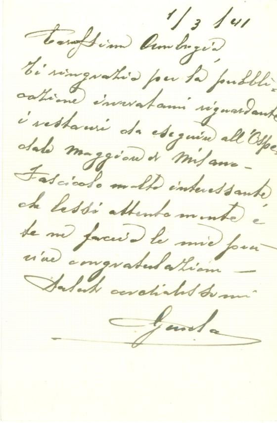 Autografo originale 1941 MILANO Guido ANNONI ringrazia per l invio di una pubblicazione AUTOGRAFO 1
