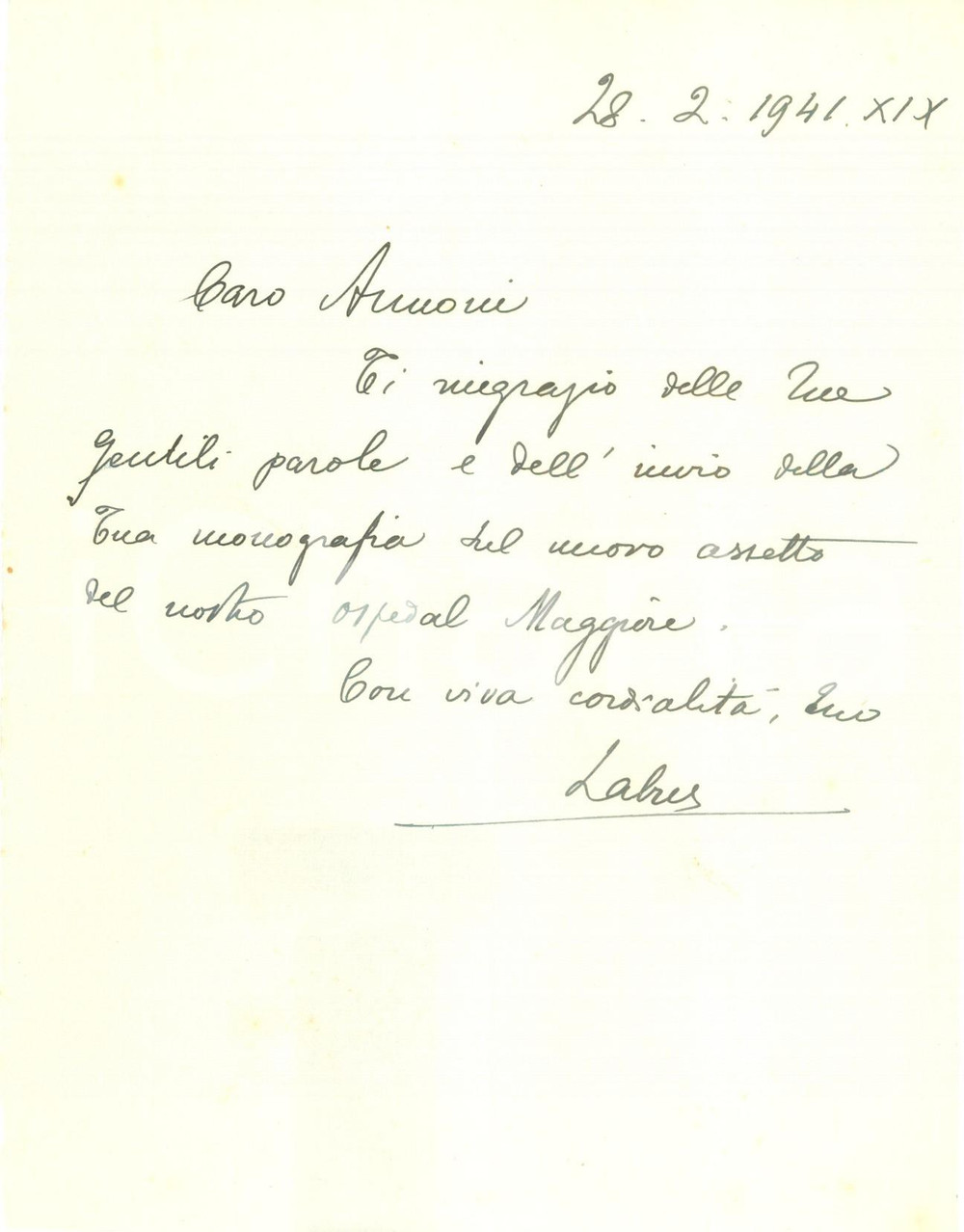 Autografo originale 1941 MILANO Pietro LABUS ringrazia per invio di una monografia AUTOGRAFO 1