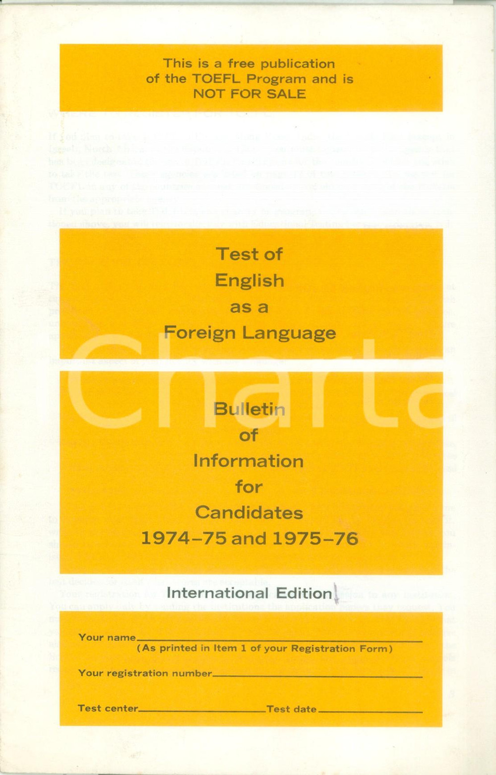 Materiale pubblicitario d’epoca 1975 TOEFL Bulletin of Information for Candidates Internal Edition 1