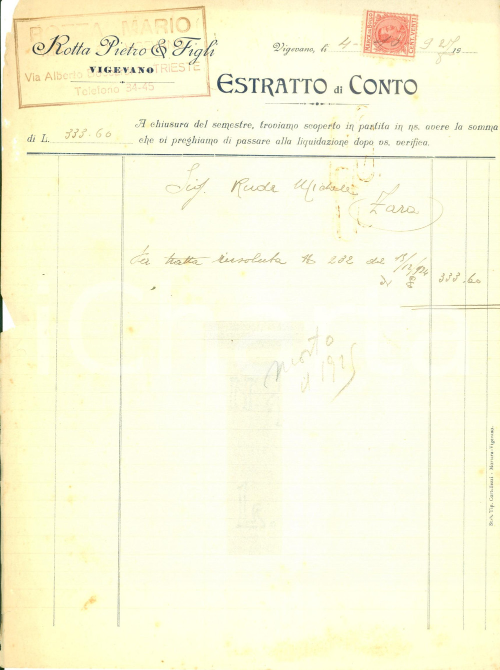 Documento originale, autentico 1927 VIGEVANO PV Ditta ROTTA Pietro & Figli Estratto conto DANNEGGIATO 1