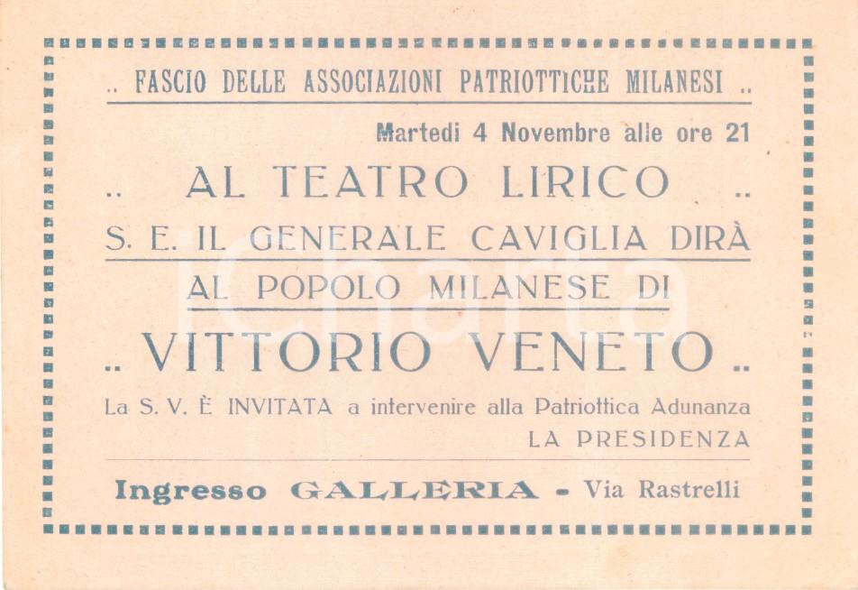 Documento originale, autentico 1940 ca MILANO Fascio Associazioni Patriottiche Conferenza Gen. Enrico CAVIGLIA 1