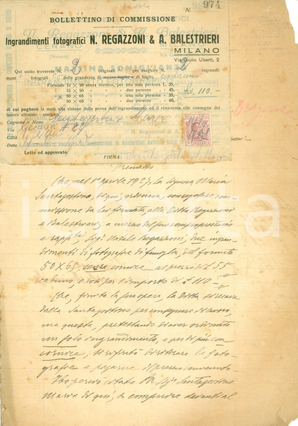 Documento originale, autentico 1927 VIGEVANO Ingrandimenti foto REGAZZONI BALESTRIERI vs Maria SANTAGOSTINO 1