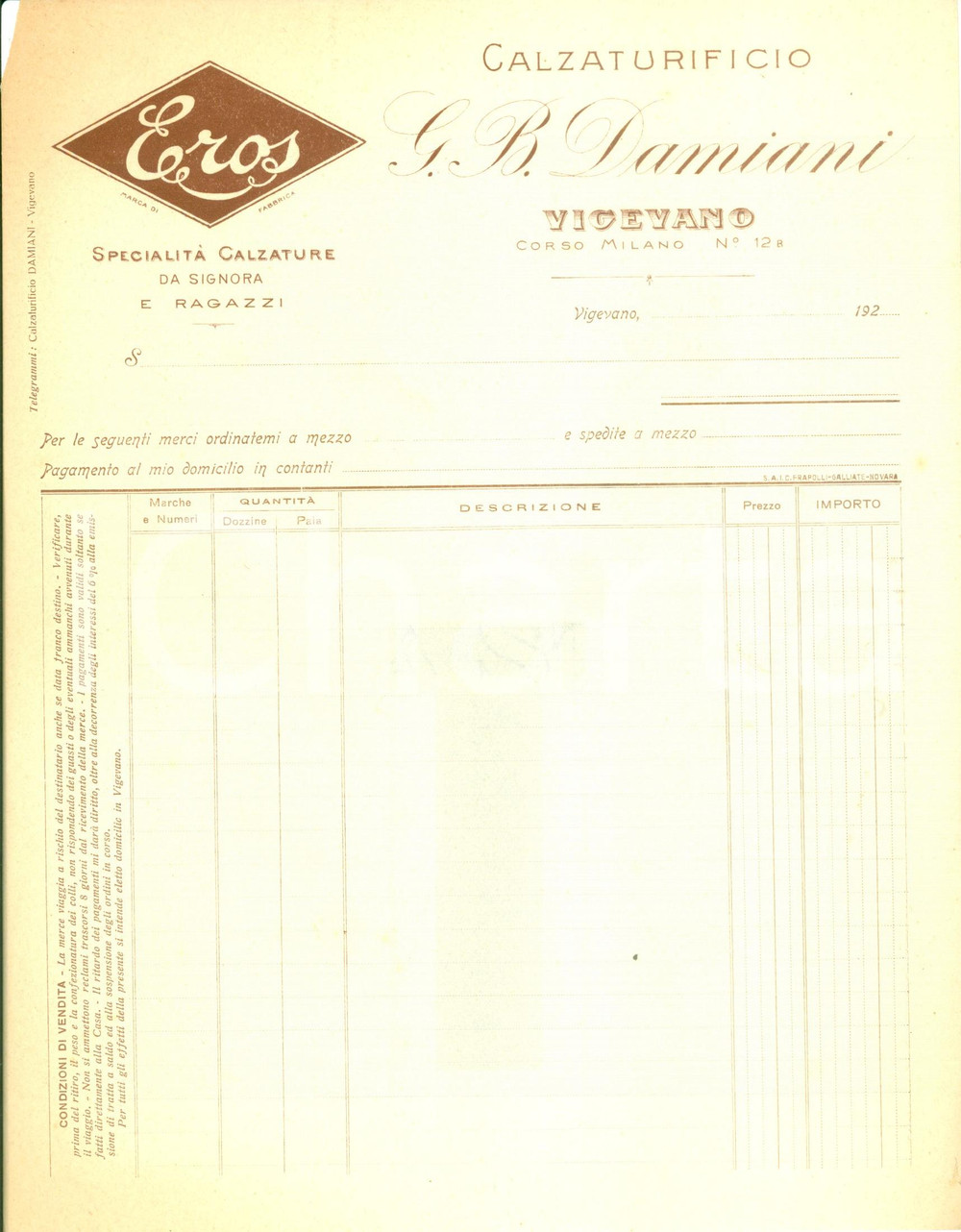 Documento originale, autentico 1920 ca VIGEVANO PV Calzaturificio G. B. DAMIANI Calzature EROS Fattura 1