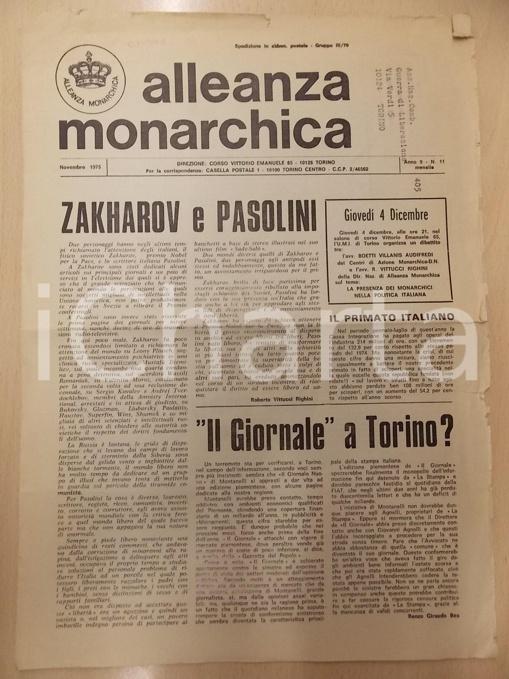 Giornale, rivista storica 1975 ALLEANZA MONARCHICA Vladimir E. ZAKHAROV e Pier Paolo PASOLINI Rivista 1