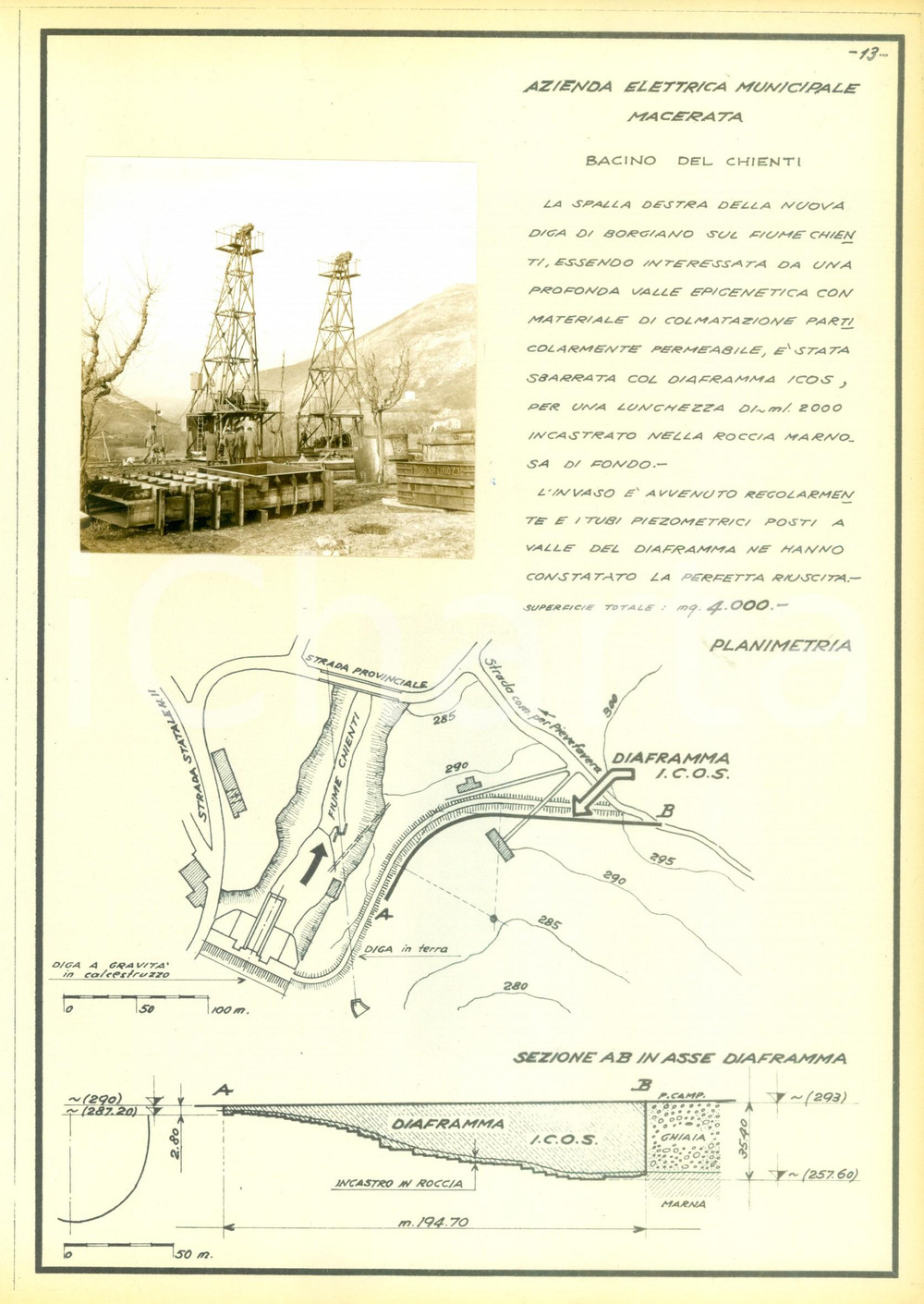Documento originale, autentico 1950 ca BORGIANO MC Diga sul bacino del CHIENTI Azienda ICOS Scheda con foto 1