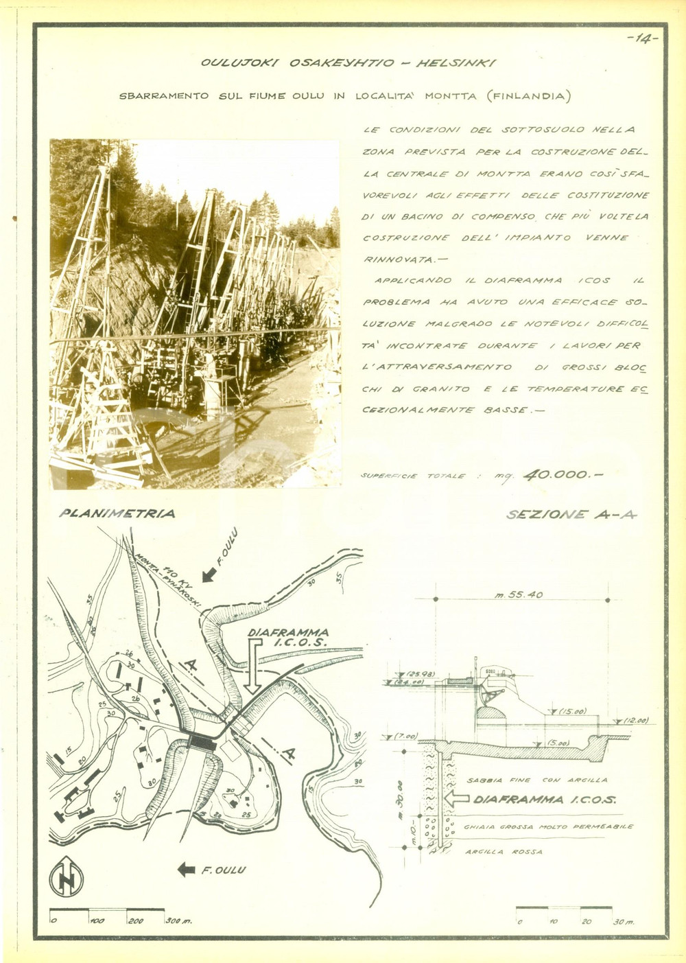 Documento originale, autentico 1950 ca MONTTA FINLANDIA Sbarramento sul fiume OULU Azienda ICOS Scheda con foto 1