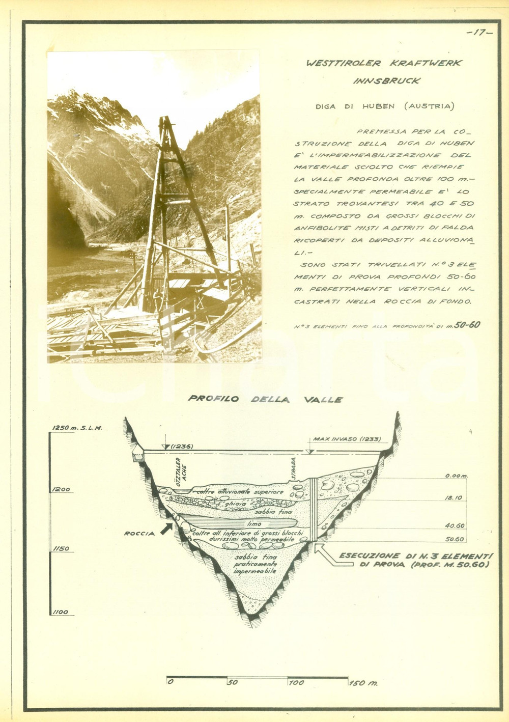 Documento originale, autentico 1950 ca INNSBRUCK TIROLO Lavori alla diga di HUBEN Azienda ICOS Scheda e foto 1