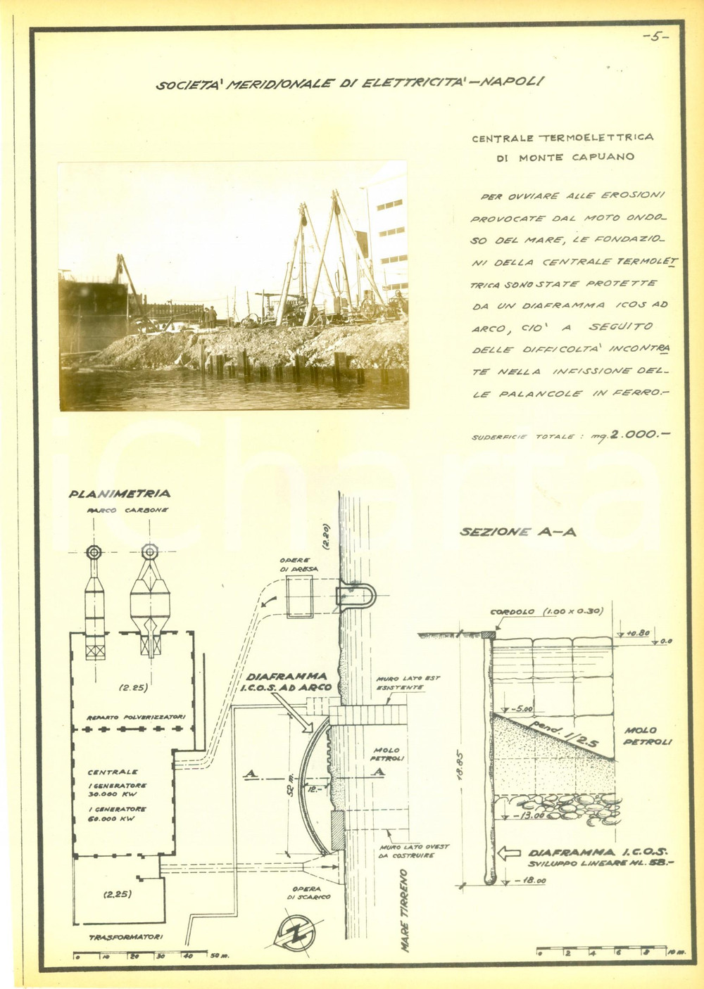 Documento originale, autentico 1950 ca NAPOLI Centrale termoelettrica MONTE CAPUANO Azienda ICOS Scheda e foto 1