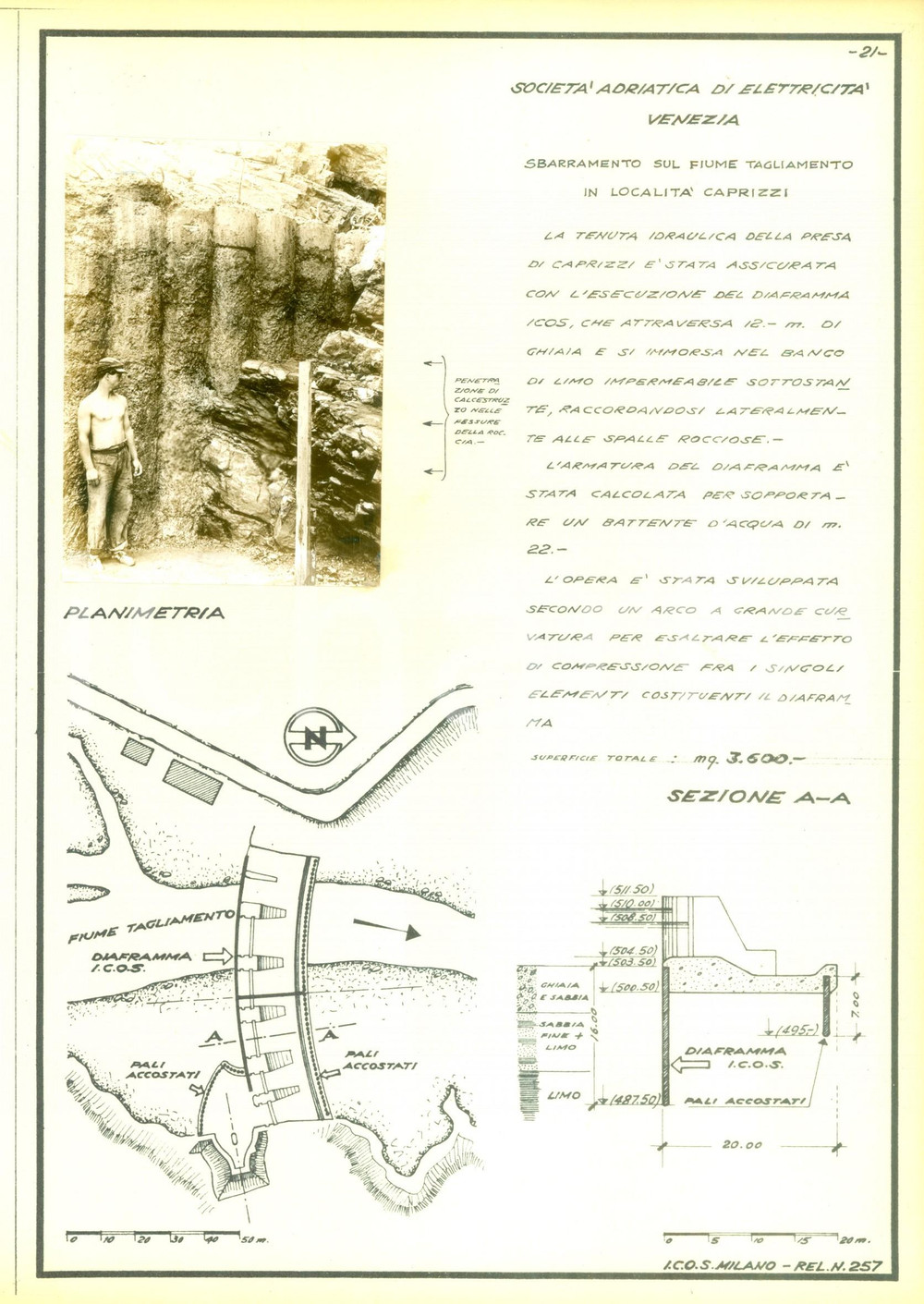 Documento originale, autentico 1950 ca CAPRIZZI UD Sbarramento fiume TAGLIAMENTO Azienda ICOS Scheda con foto 1