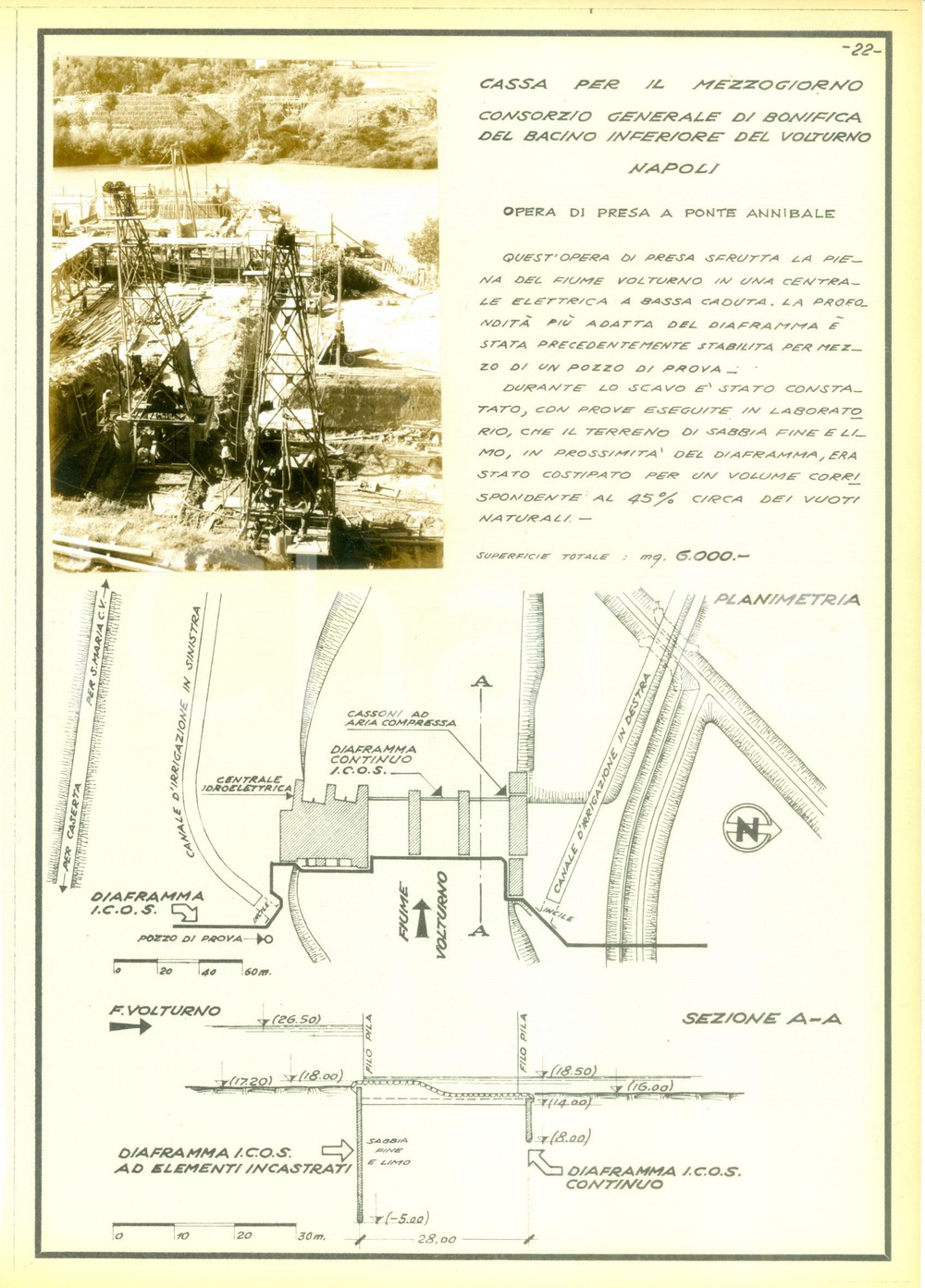Documento originale, autentico 1950 ca NAPOLI Bonifica VOLTURNO Presa a PONTE ANNIBALE Azienda ICOS Scheda foto 1