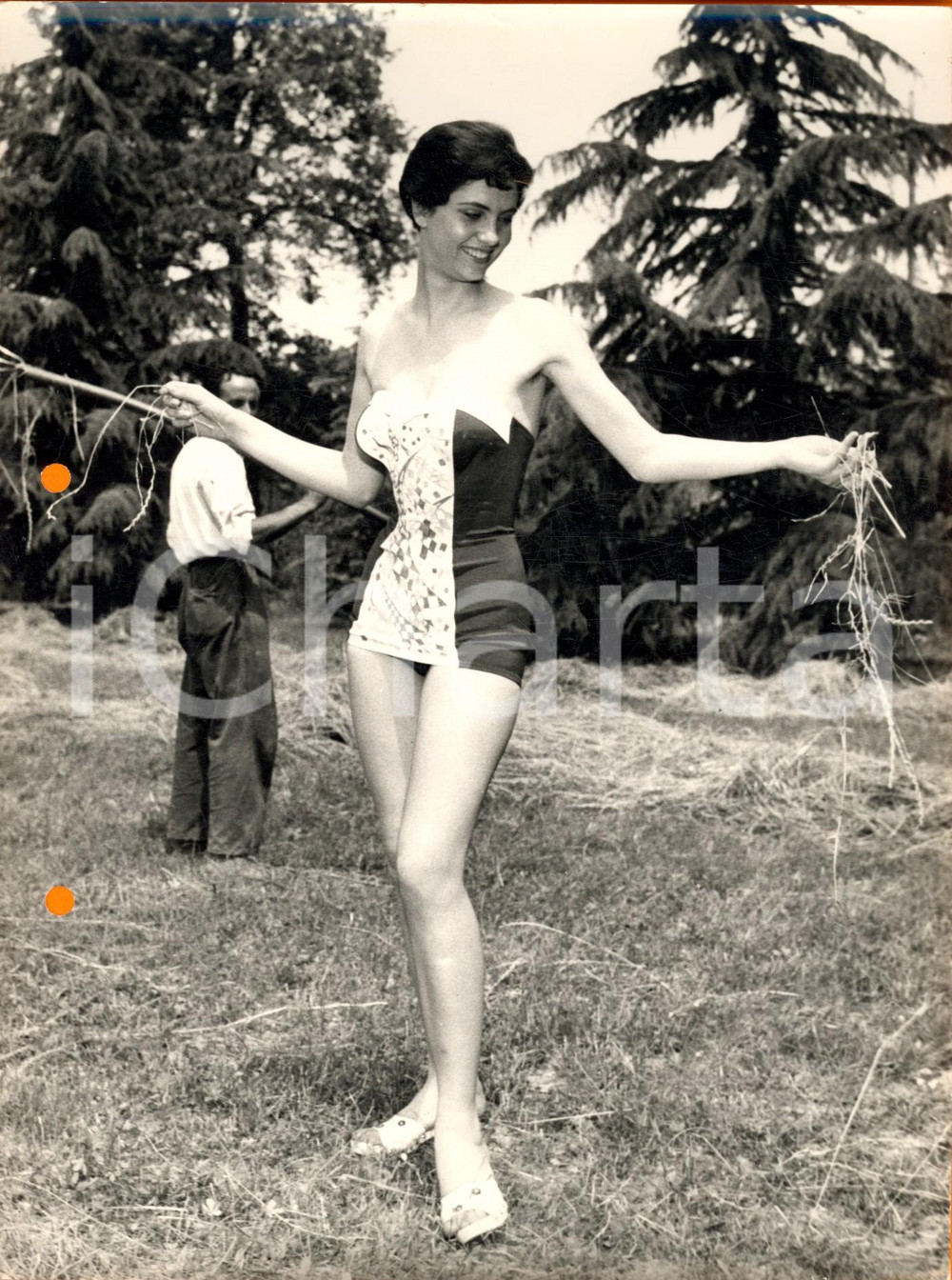 Fotografia d epoca originale 1960 ca STORIA DELLA MODA Modella in costume intero posa in pineta Foto 1