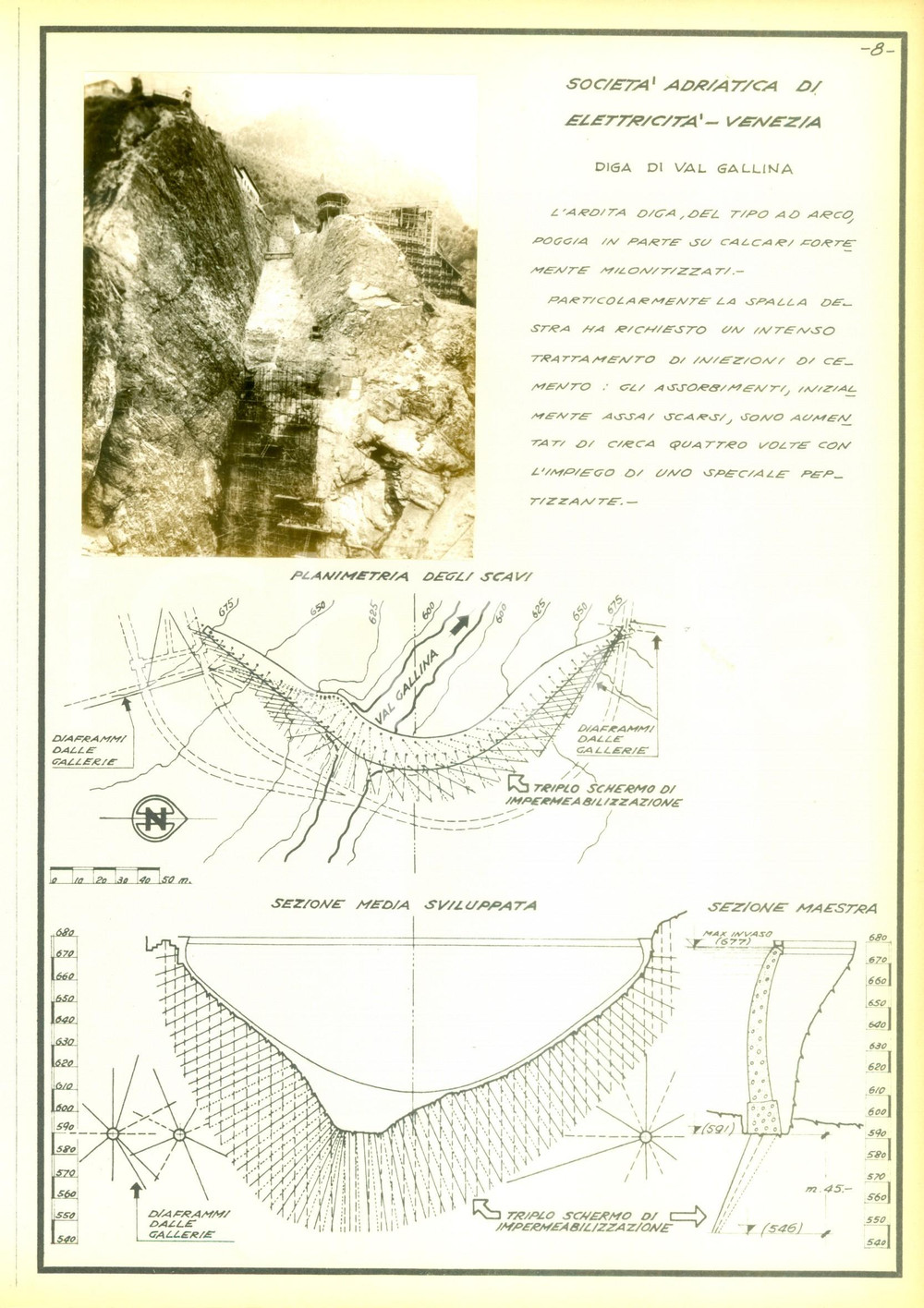 Documento originale, autentico 1950 ca BELLUNO Diga ad arco di VAL GALLINA Azienda ICOS Scheda con foto 1