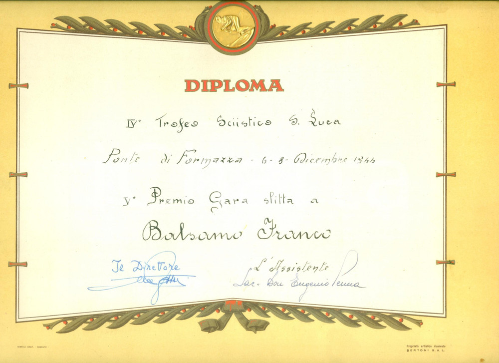 Documento originale, autentico 1966 PONTE DI FORMAZZA VB Diploma IV Trofeo sciistico SAN LUCA Con placca 1