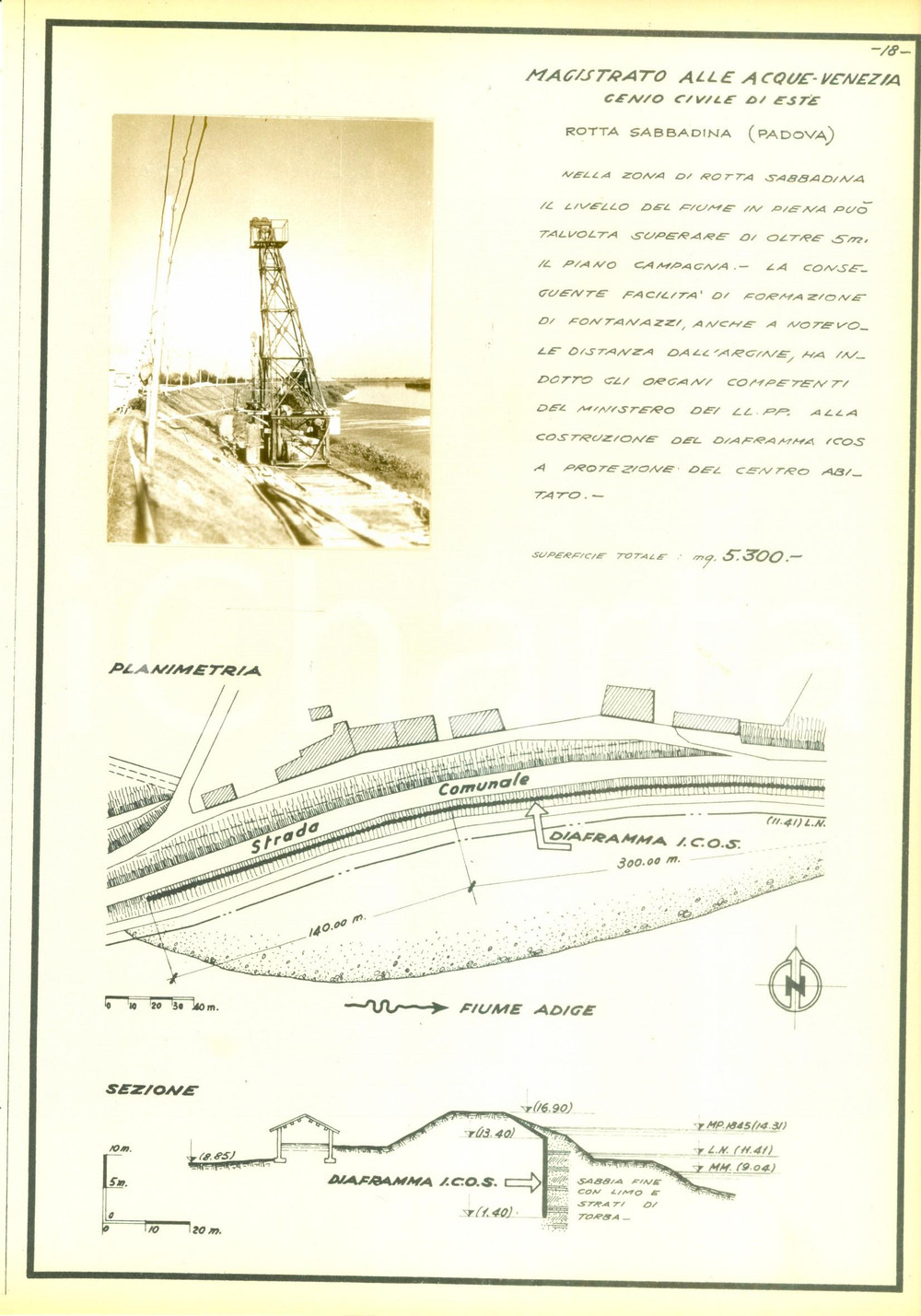 Documento originale, autentico 1950 ca ROTTA SABBADINA PD Lavori protezione argini Azienda ICOS Scheda e foto 1