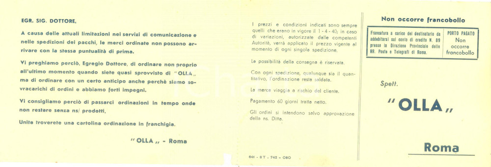 Documento originale, autentico 1944 ROMA WW2 Ditta profilattici OLLA ritarda spedizioni per la guerra 1