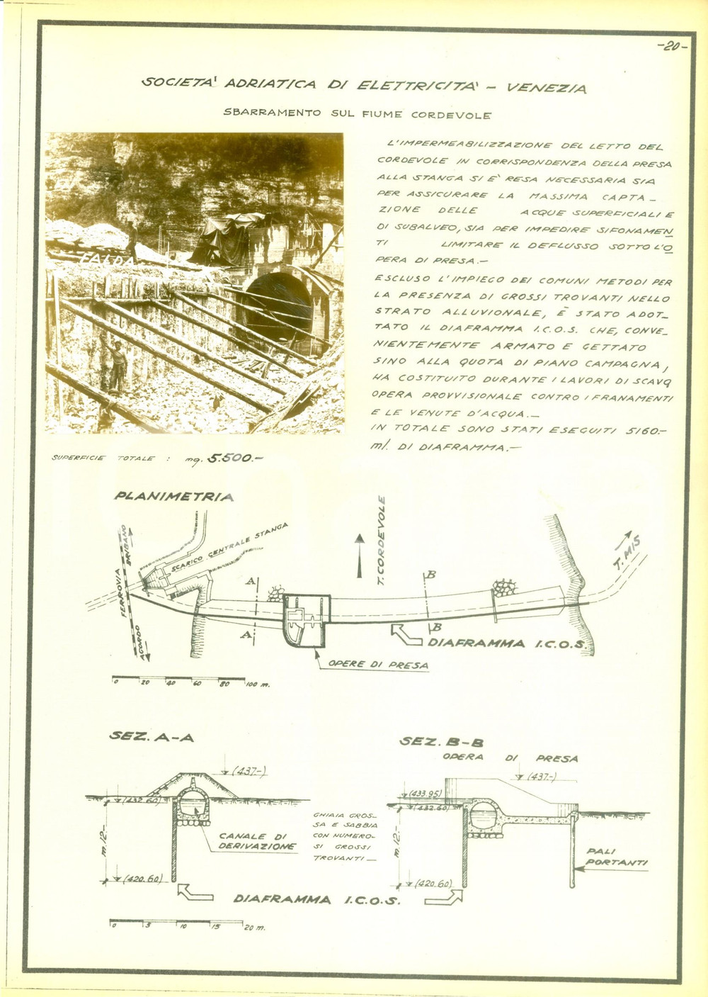 Documento originale, autentico 1950 ca BELLUNO Sbarramento sul fiume CORDEVOLE Azienda ICOS Scheda con foto 1