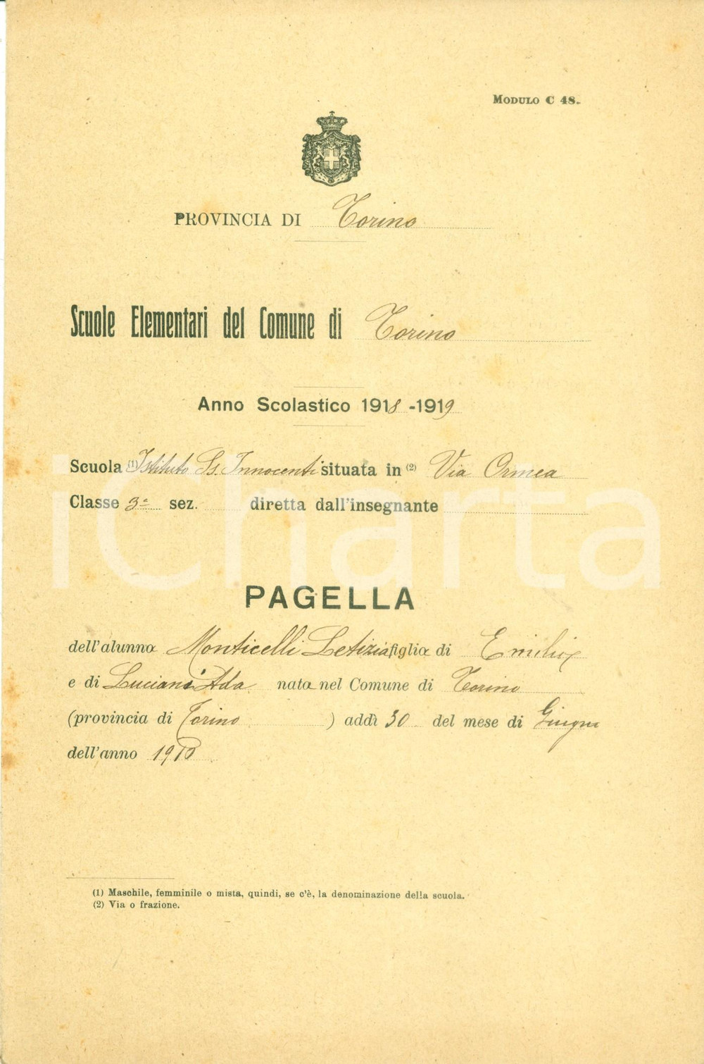 Oggetto da collezione cartaceo 1910 TORINO Scuole elementari Santissimi Innocenti Pagella di Letizia MONTICELLI 1