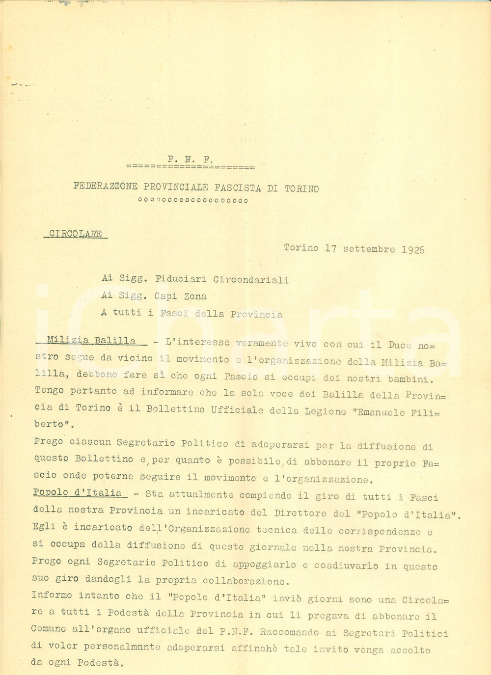Documento originale, autentico 1926 TORINO PNF Norme per organizzazione del Fascio Provinciale Documento 1
