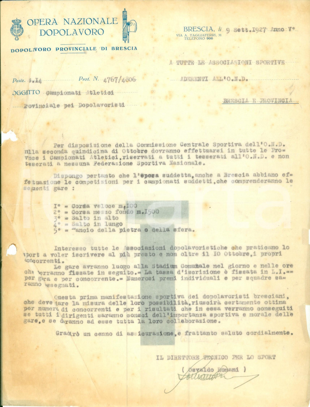 Documento originale, autentico 1927 BRESCIA Organizzazione Campionati Atletici OND DANNEGGIATO 1
