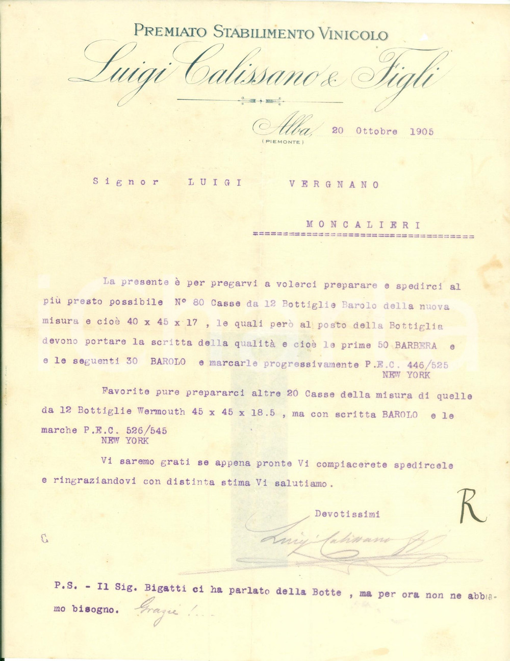 Documento originale, autentico 1905 ALBA CN Premiato Stabilimento Vinicolo Luigi CALISSANO ordina vino Barolo 1