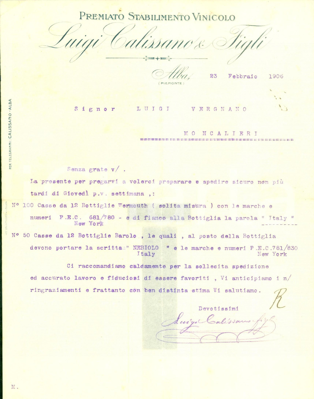Documento originale, autentico 1906 ALBA CN Premiato Stabilimento Vinicolo Luigi CALISSANO ordina vermouth 1