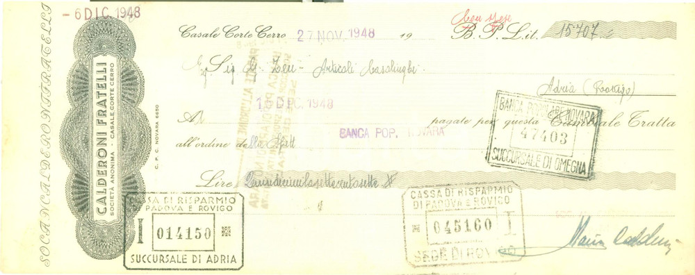 Documento originale, autentico 1948 CASALE CORTE CERRO VB Ditta Fratelli CALDERONI Casalinghi Cambiale 1