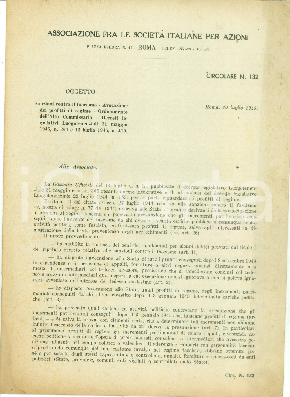 Documento originale, autentico 1945 ROMA Associazione fra Società per Azioni Requisizione profitti del Fascismo 1