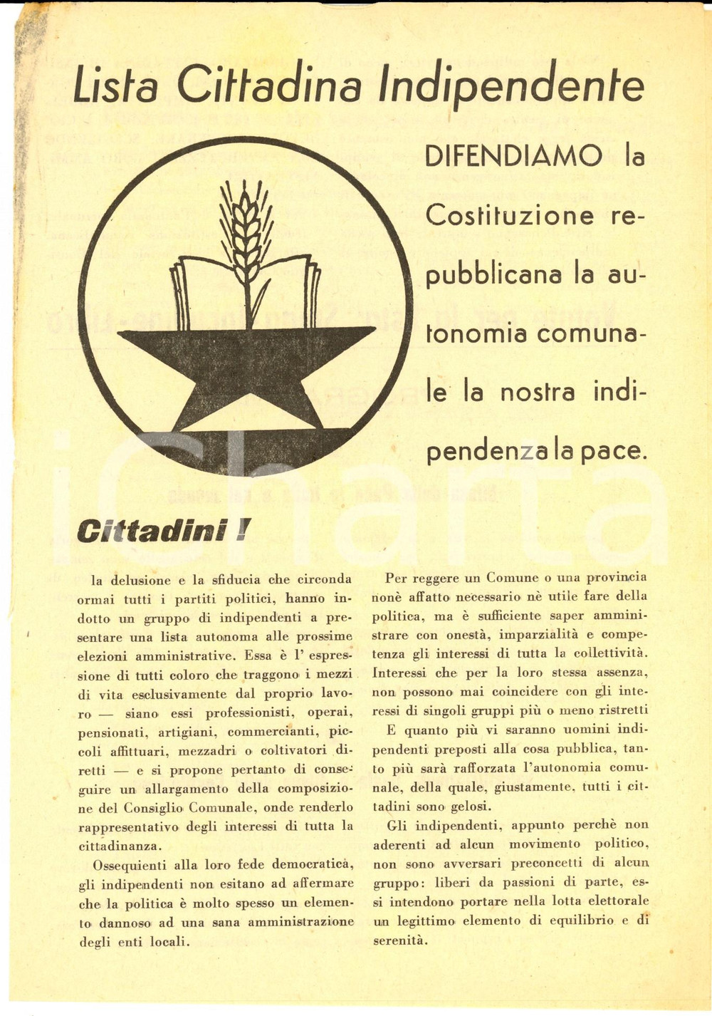 Materiale pubblicitario d’epoca 1951 PARMA Elezioni comunali  Lista CITTADINA INDIPENDENTE Volantino programma 1