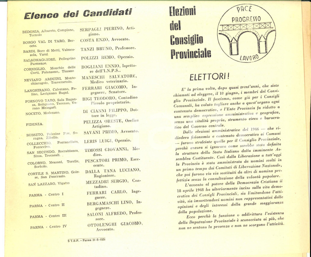 Materiale pubblicitario d’epoca 1951 PARMA Elezioni provinciali  Candidati PACE, PROGRESSO, LAVORO Propaganda 1