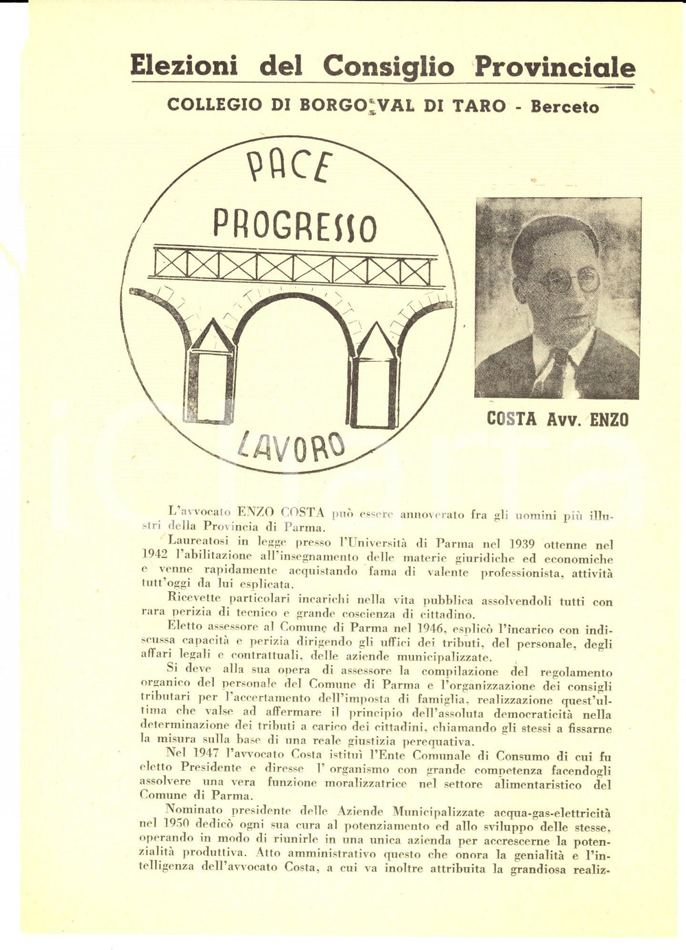 Materiale pubblicitario d’epoca 1951 BERCETO PR Avv. Enzo COSTA  PACE, PROGRESSO, LAVORO  Volantino 1