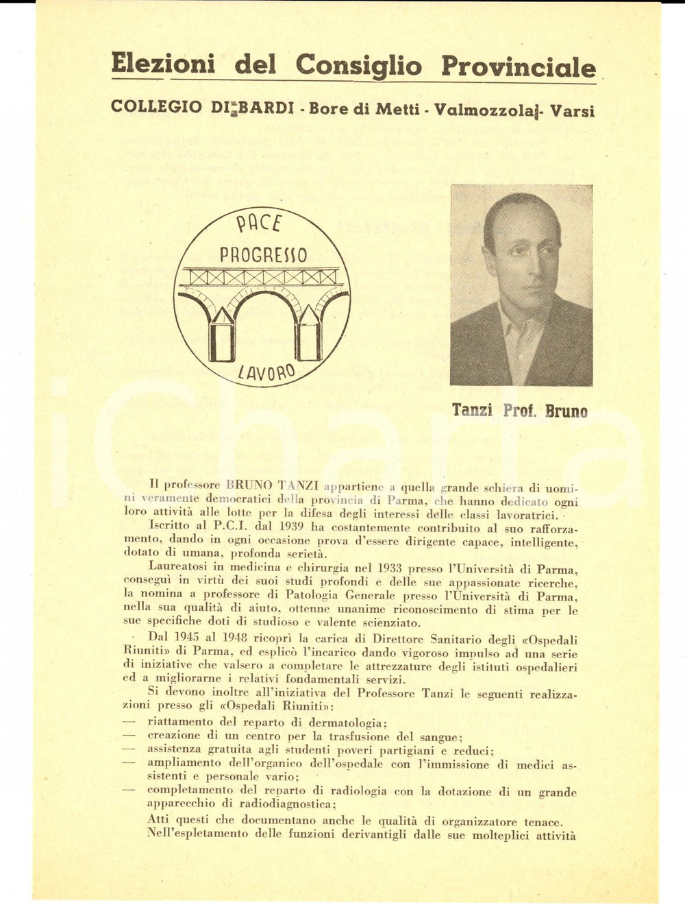 Materiale pubblicitario d’epoca 1951 BARDI PR Prof. Bruno TANZI  PACE, PROGRESSO, LAVORO  Volantino 1