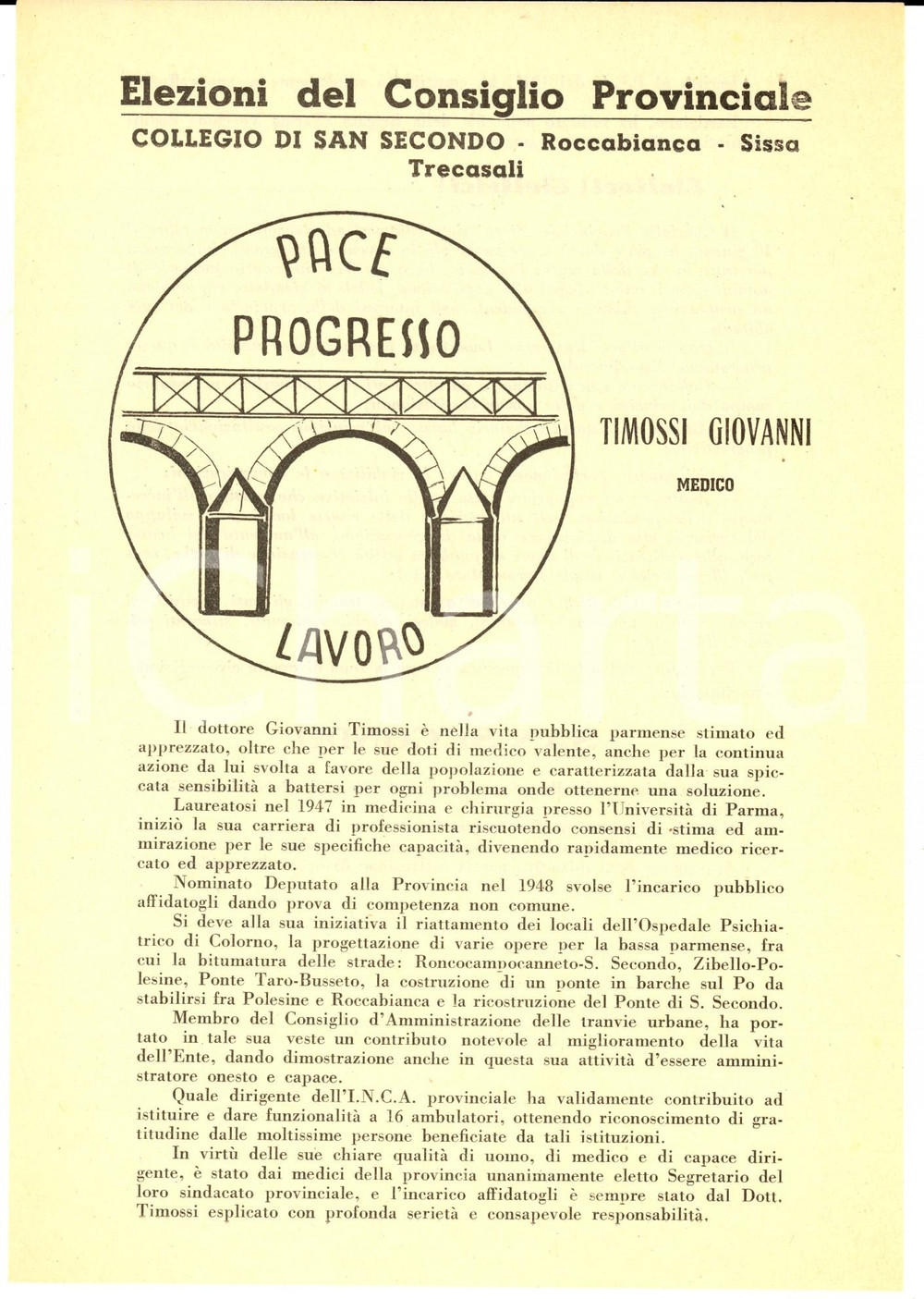 Materiale pubblicitario d’epoca 1951 SAN SECONDO PR Giovanni TIMOSSI  PACE, PROGRESSO, LAVORO  Volantino 1