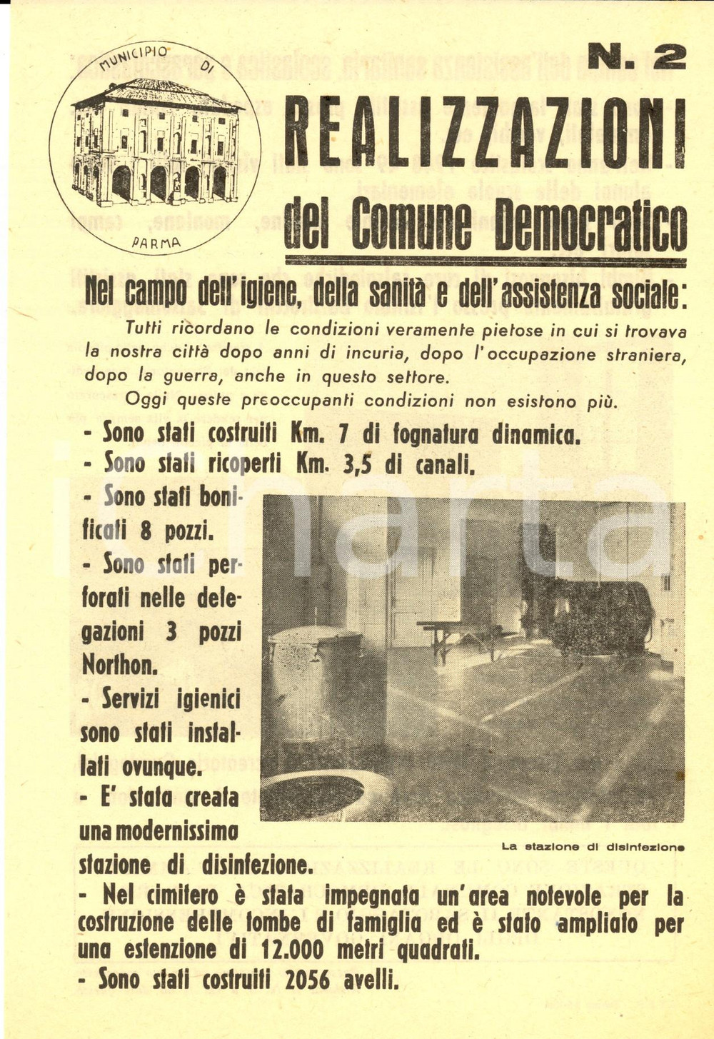 Materiale pubblicitario d’epoca 1951 PARMA Elezioni comunali  Nuove fogne e cimiteri Volantino PROPAGANDA 1