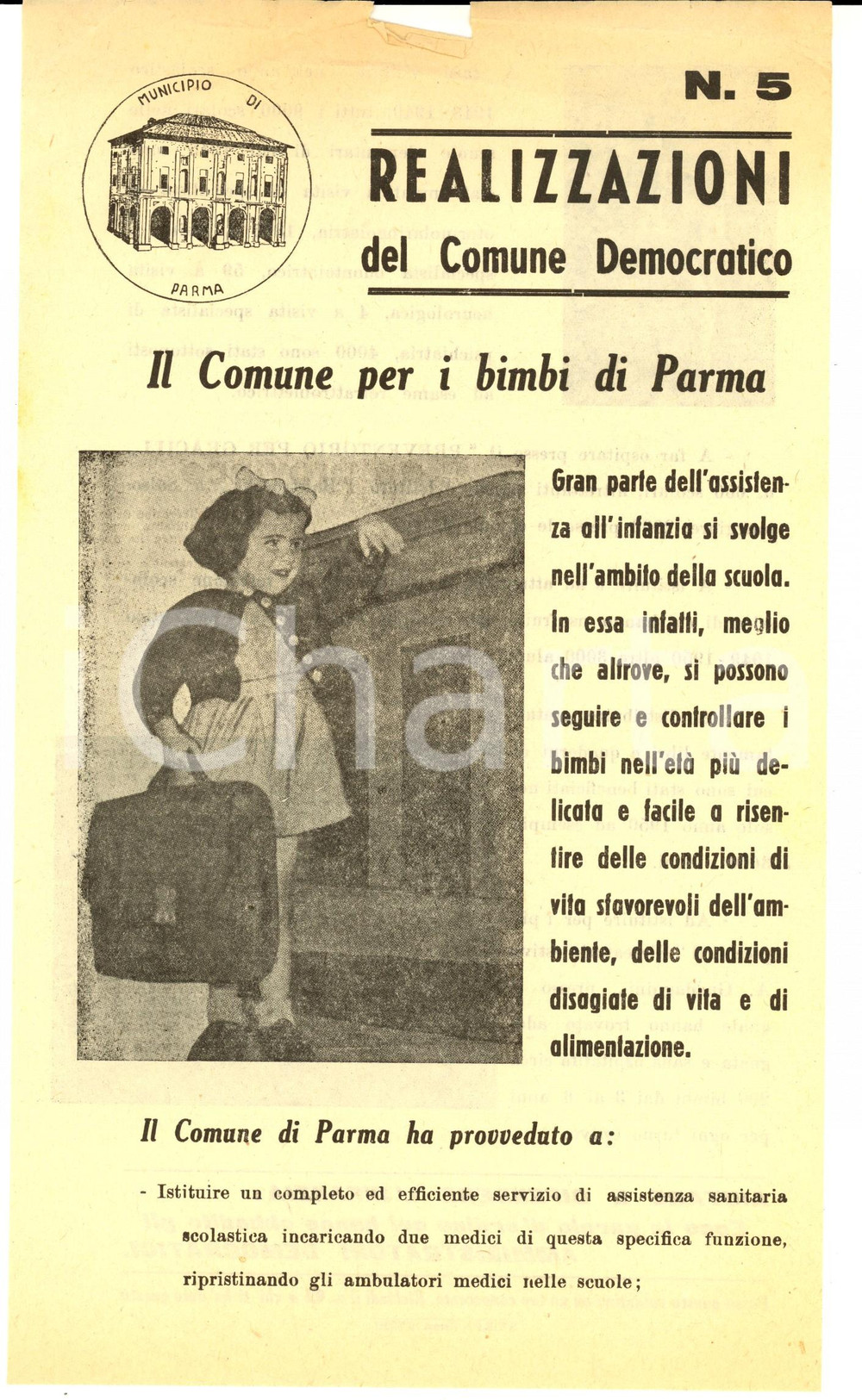 Materiale pubblicitario d’epoca 1951 PARMA Elezioni  Comune democratico per i bimbi Volantino PROPAGANDA 1