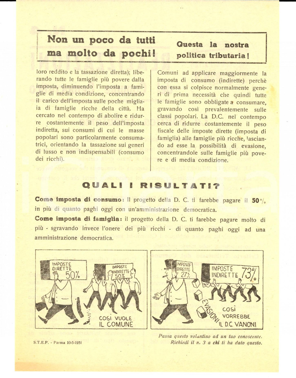 Materiale pubblicitario d’epoca 1951 PARMA Elezioni  Comune democratico e politica tributaria PROPAGANDA 1