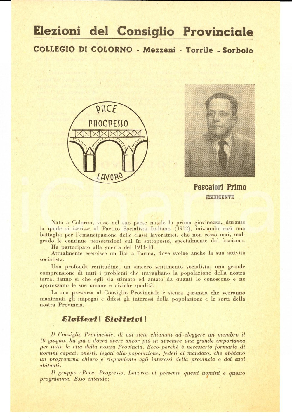 Materiale pubblicitario d’epoca 1951 COLORNO PR Primo PESCATORI  PACE, PROGRESSO, LAVORO  Volantino 1