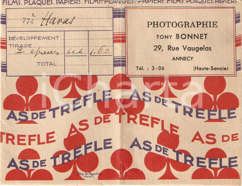 Materiale pubblicitario d’epoca 1950 ca ANNECY FRANCE Photographie Tony BONNET Film AS DE TREFLE 1