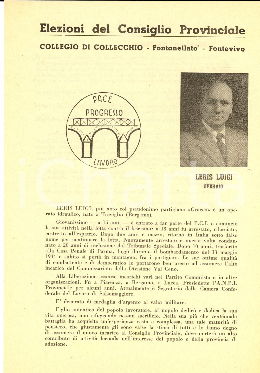 Materiale pubblicitario d’epoca 1951 COLLECCHIO PR Luigi LERIS operaio PACE, PROGRESSO, LAVORO  Volantino 1