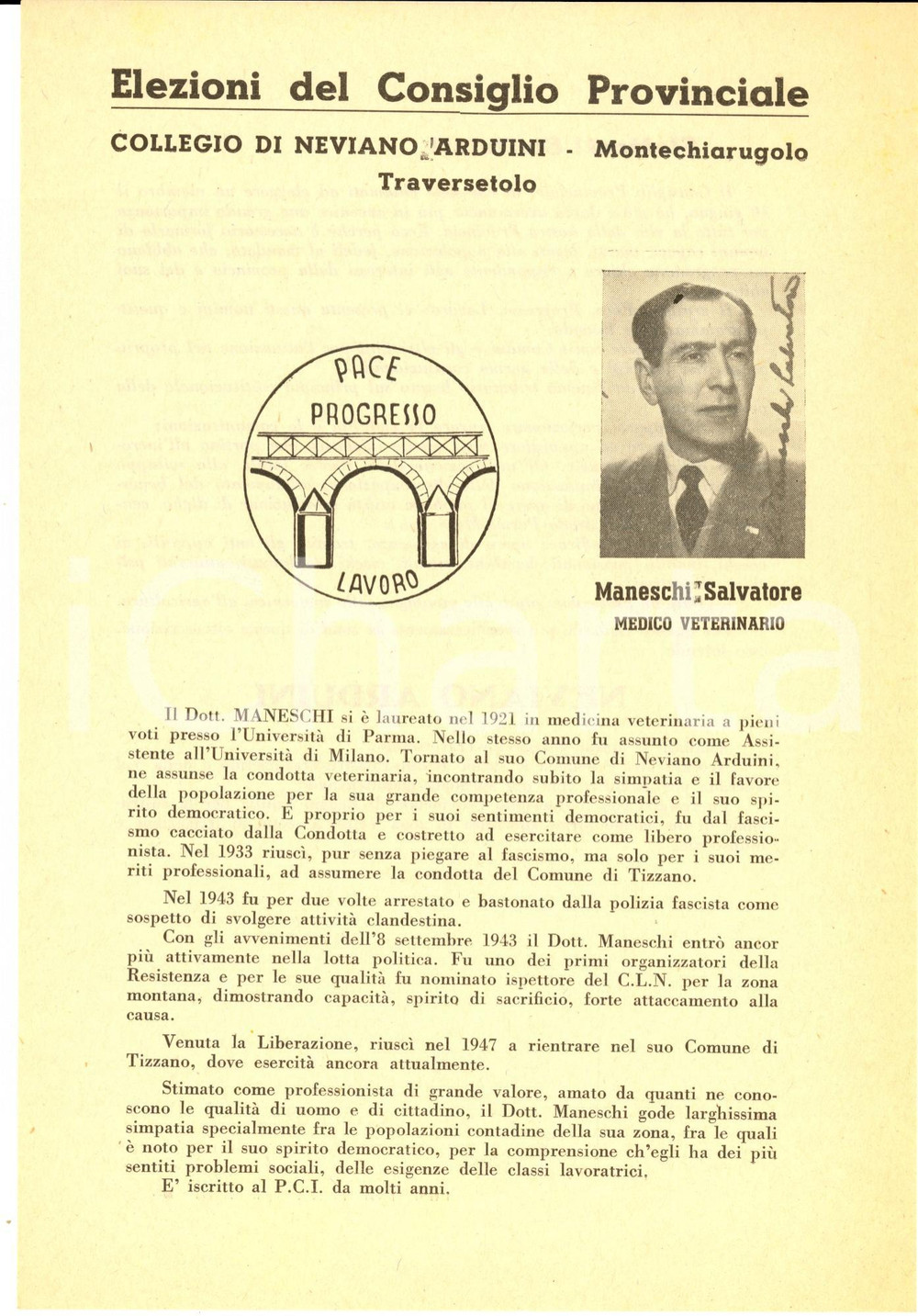 Materiale pubblicitario d’epoca 1951 NEVIANO DEGLI ARDUINI PR Salvatore MANESCHI  PACE, PROGRESSO, LAVORO 1