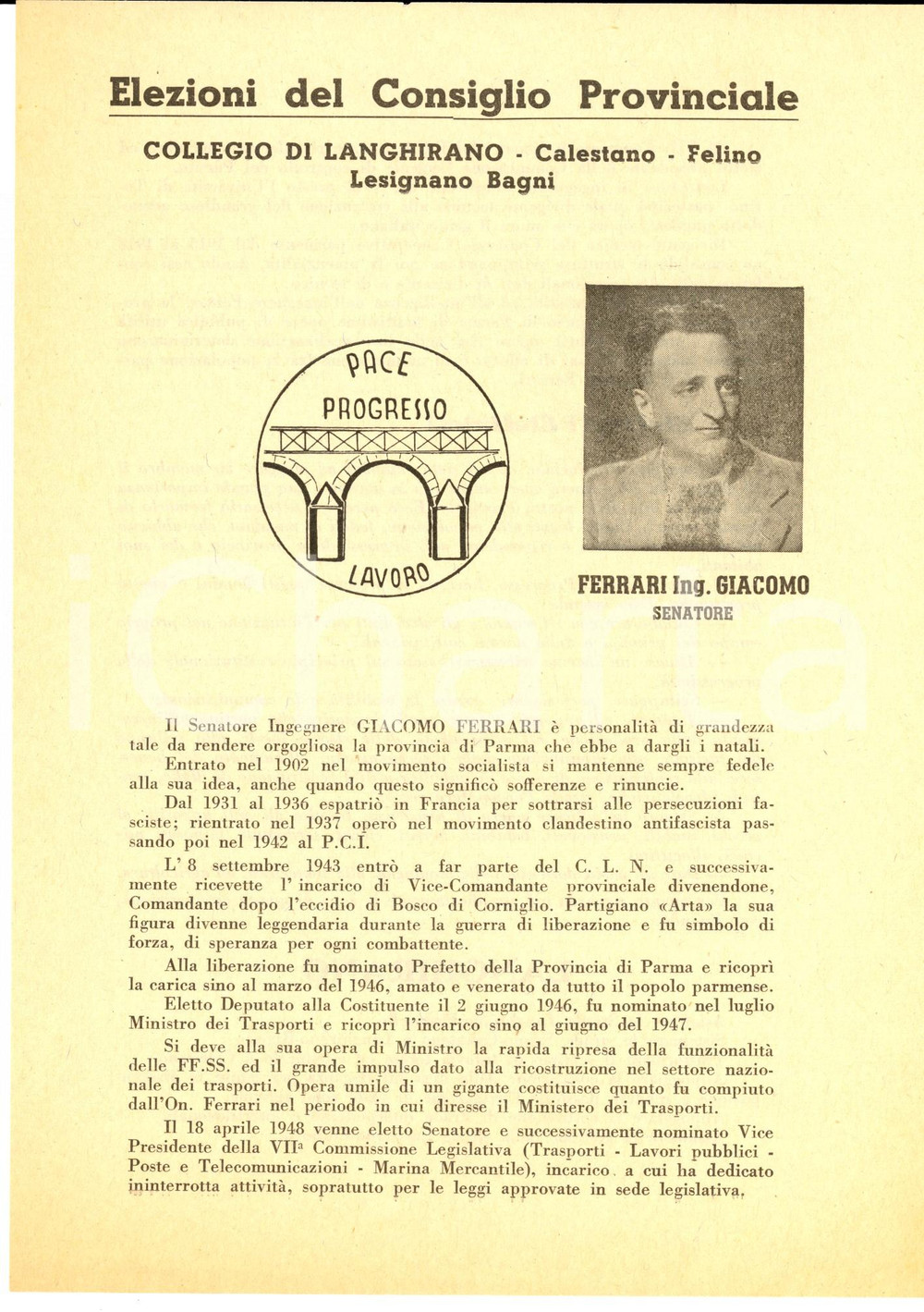 Materiale pubblicitario d’epoca 1951 LANGHIRANO PR Senatore Giacomo FERRARI  PACE, PROGRESSO, LAVORO 1
