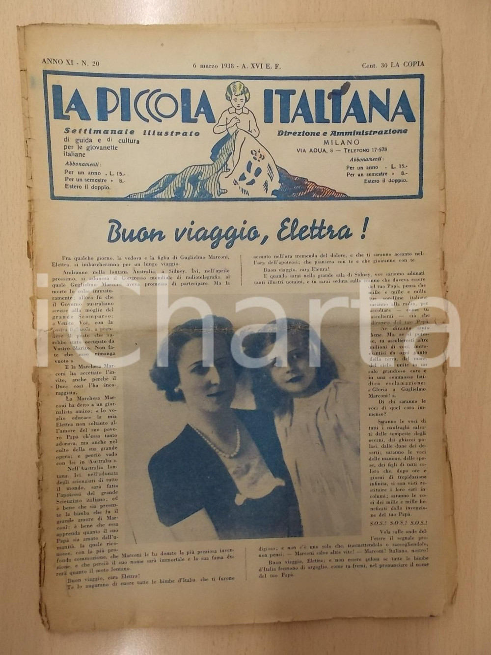 Giornale, rivista storica 1938 LA PICCOLA ITALIANA 20 Elettra MARCONI in Australia Rivista DANNEGGIATA 1